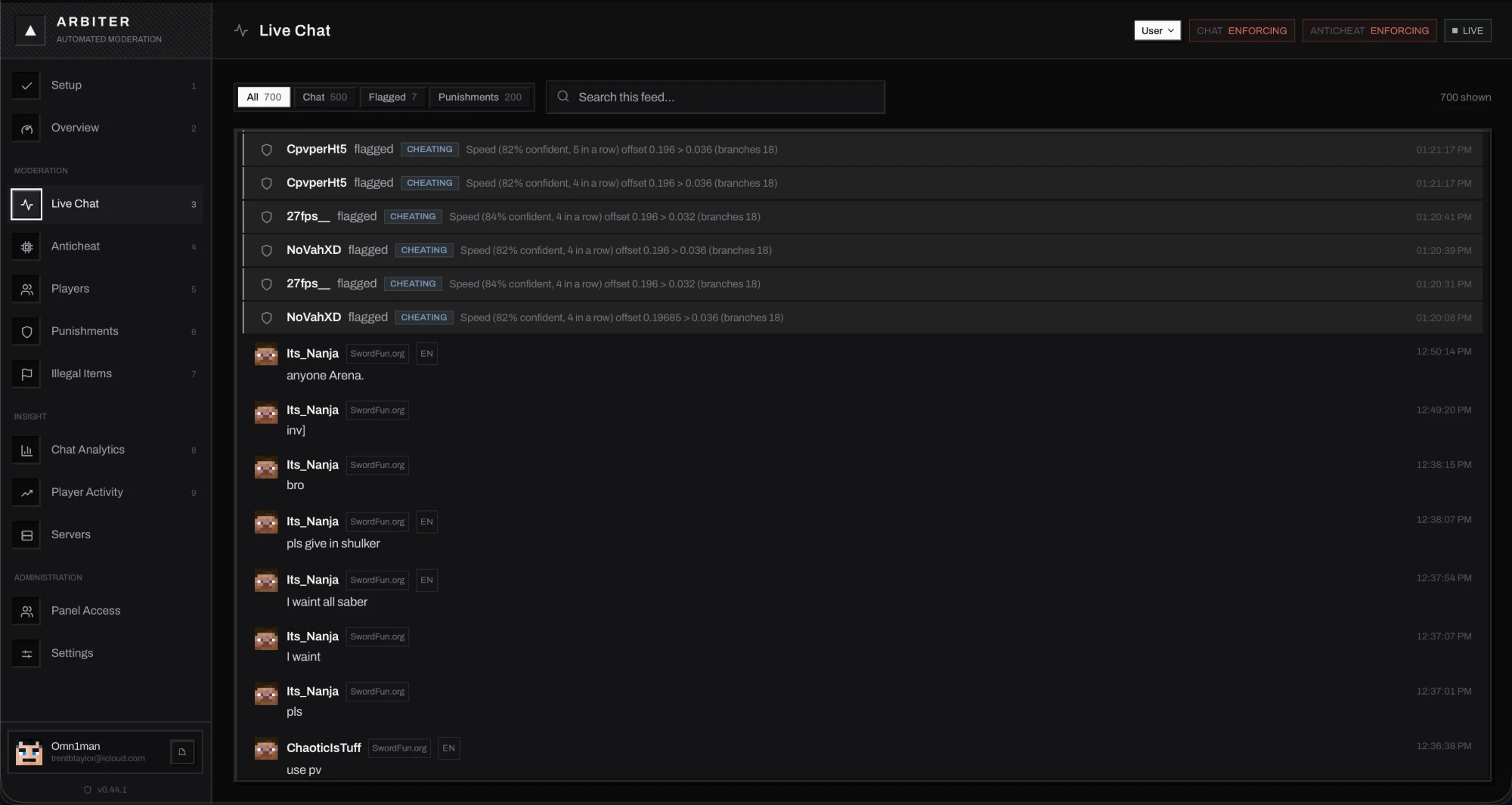 Arbiter's Live Chat tab, showing chat, flags and punishments in one feed